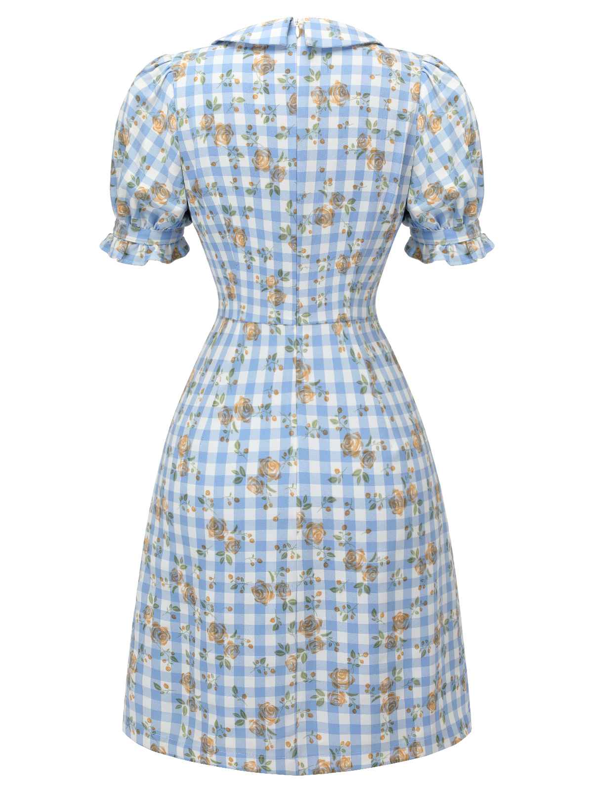 Blue 1960s Puff Sleeve Floral Plaid Dress - Image 4