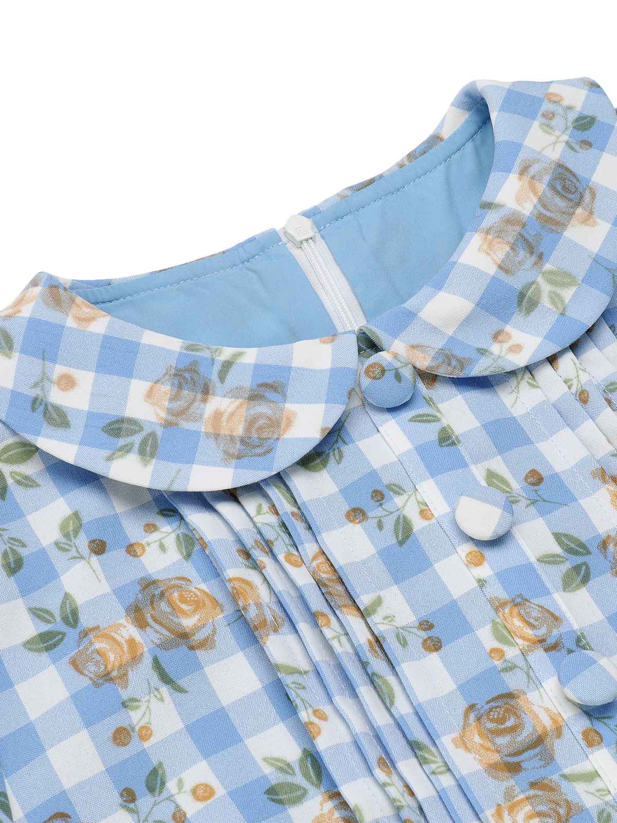 Blue 1960s Puff Sleeve Floral Plaid Dress - Image 5