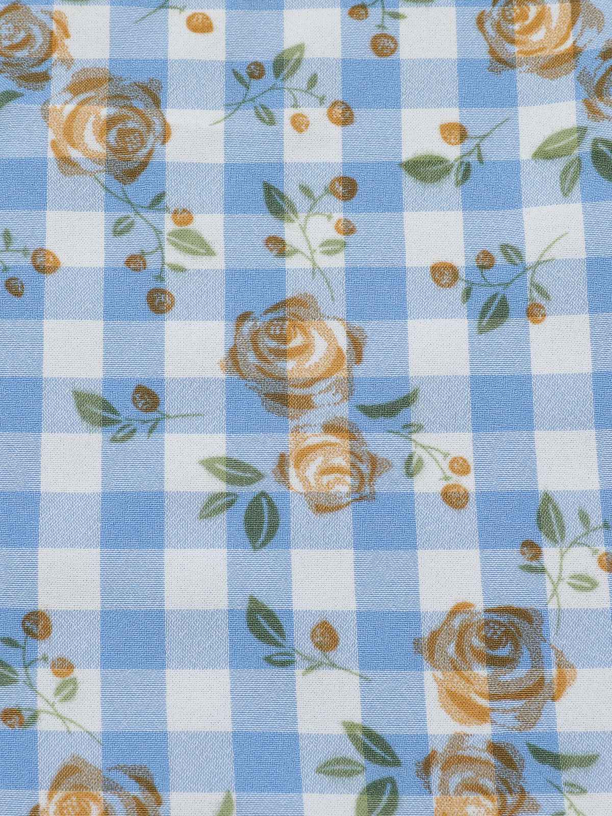 Blue 1960s Puff Sleeve Floral Plaid Dress - Image 6