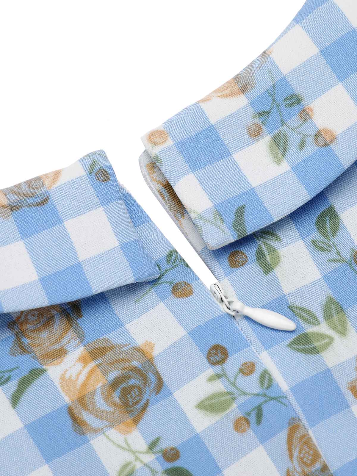 Blue 1960s Puff Sleeve Floral Plaid Dress - Image 7