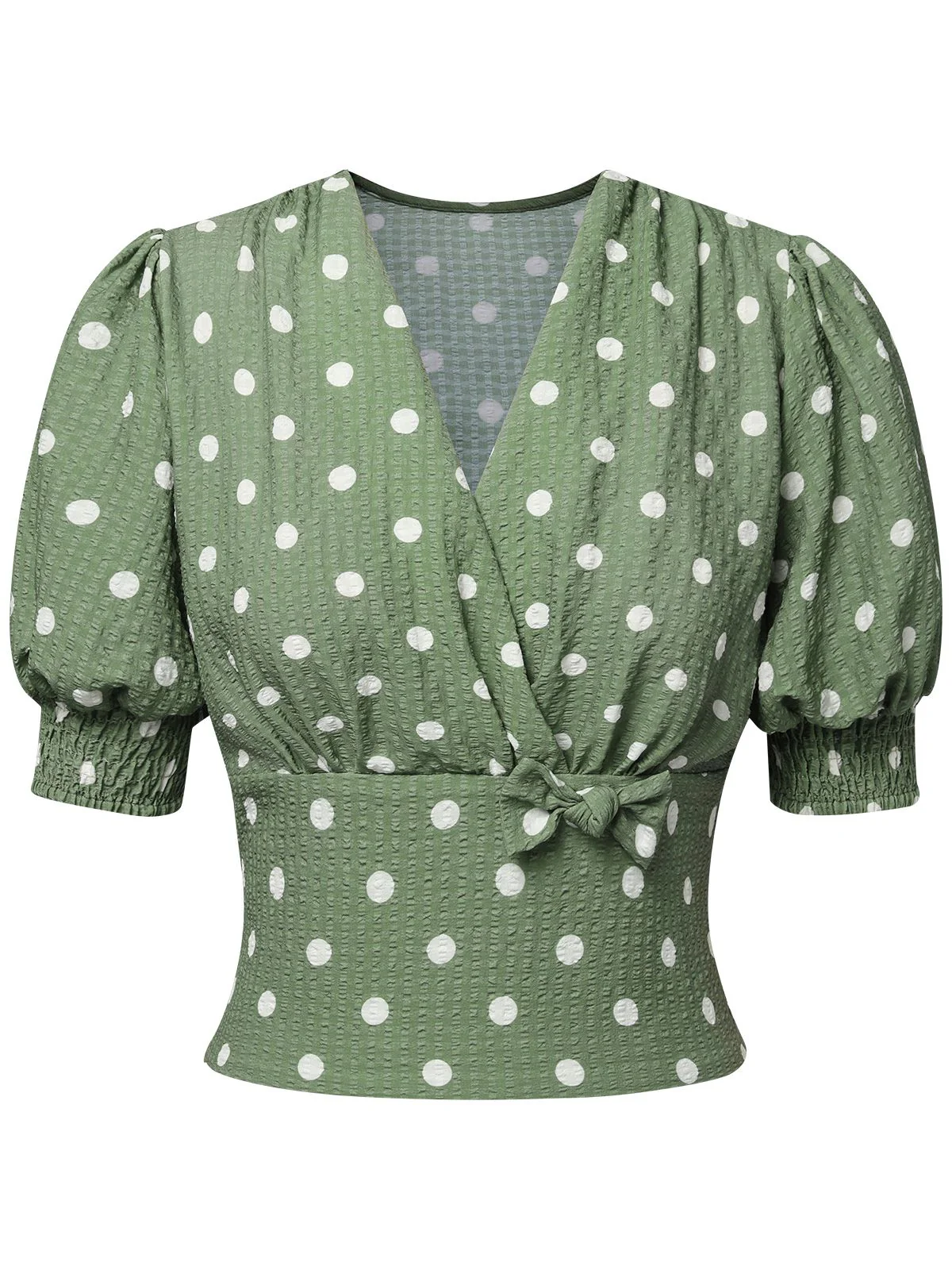 Beige 1940s Dots Bowknot V-Neck Blouse - Image 11