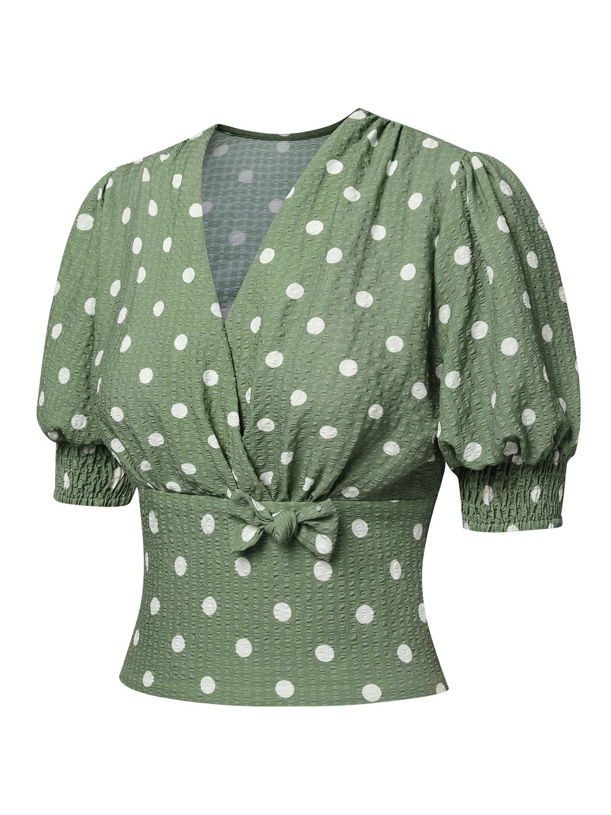 Beige 1940s Dots Bowknot V-Neck Blouse - Image 12