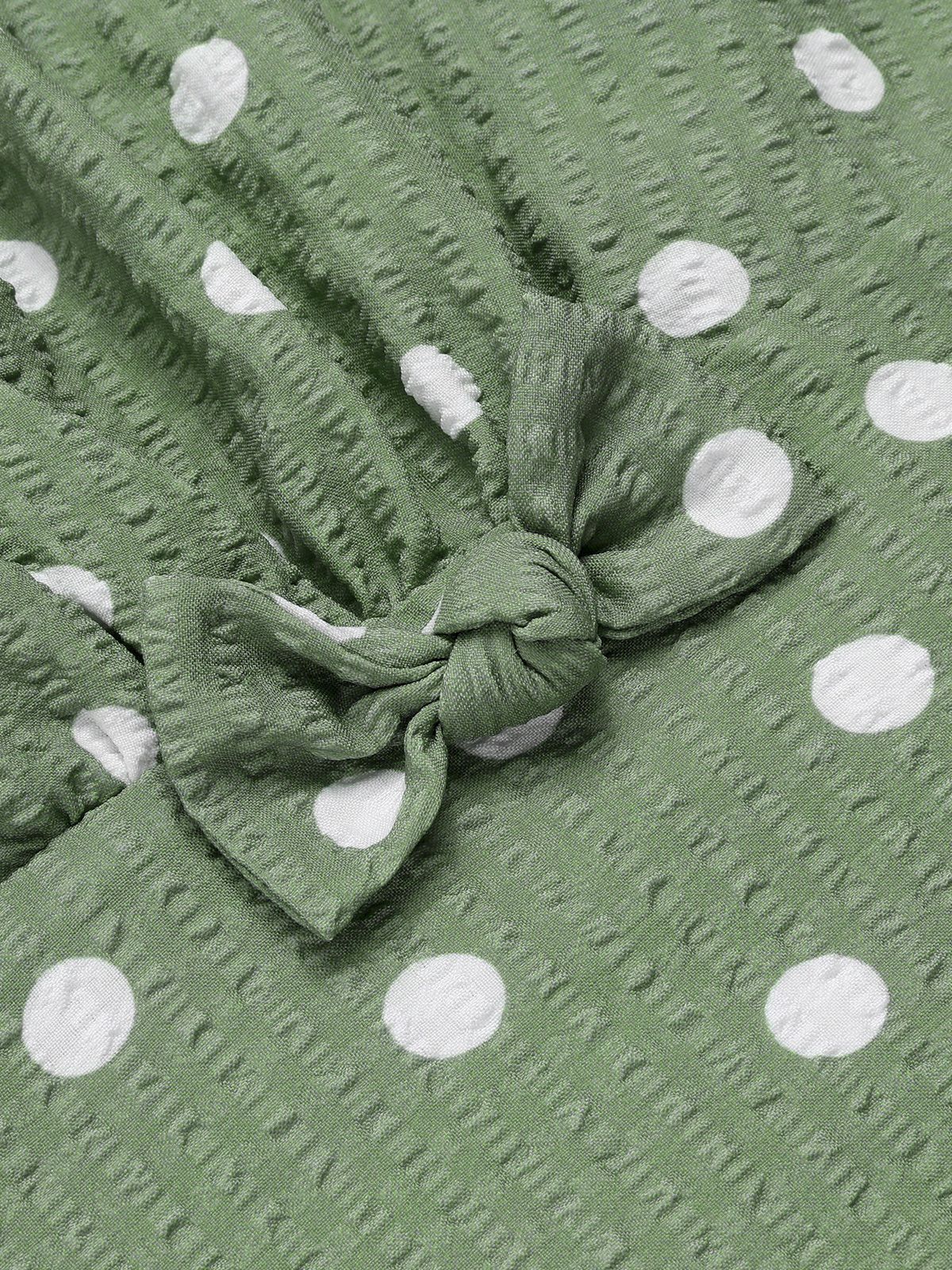 Beige 1940s Dots Bowknot V-Neck Blouse - Image 14