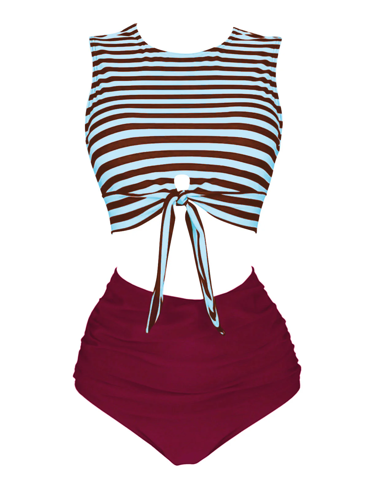 Red & Blue 1970s Striped Waist Tie Patchwork Swimsuit - Image 11