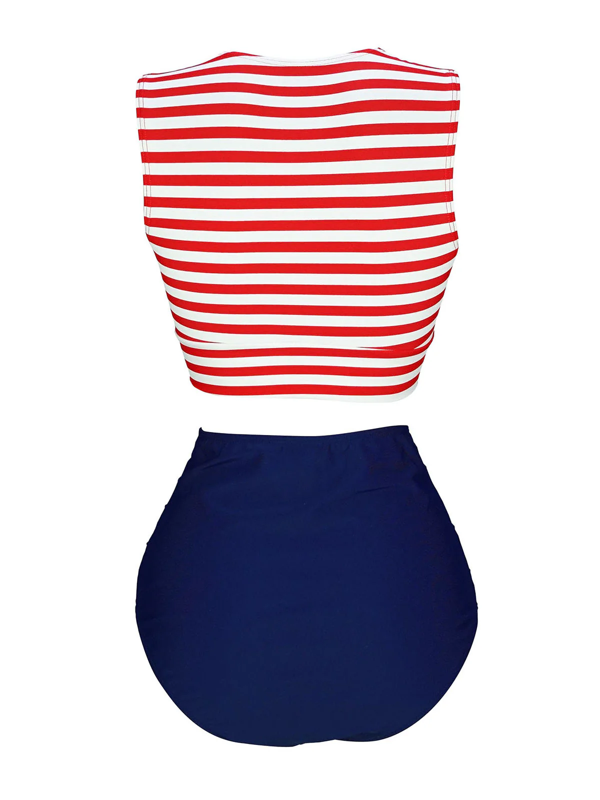 Red & Blue 1970s Striped Waist Tie Patchwork Swimsuit - Image 3
