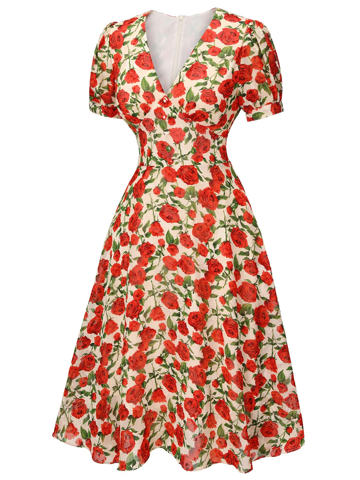 Red 1940s Rose V-Neck Swing Dress - Image 3