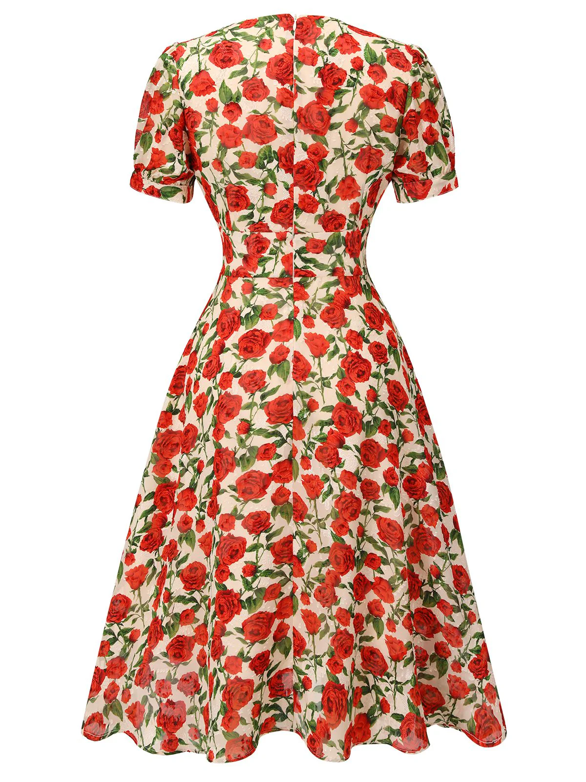 Red 1940s Rose V-Neck Swing Dress - Image 4