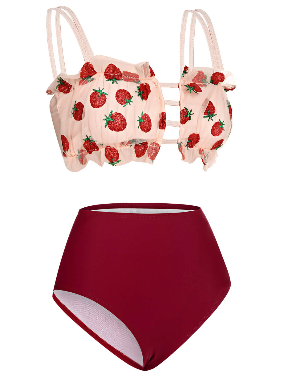 Red 1940s Strawberry Mesh Strap Swimsuit - Image 3