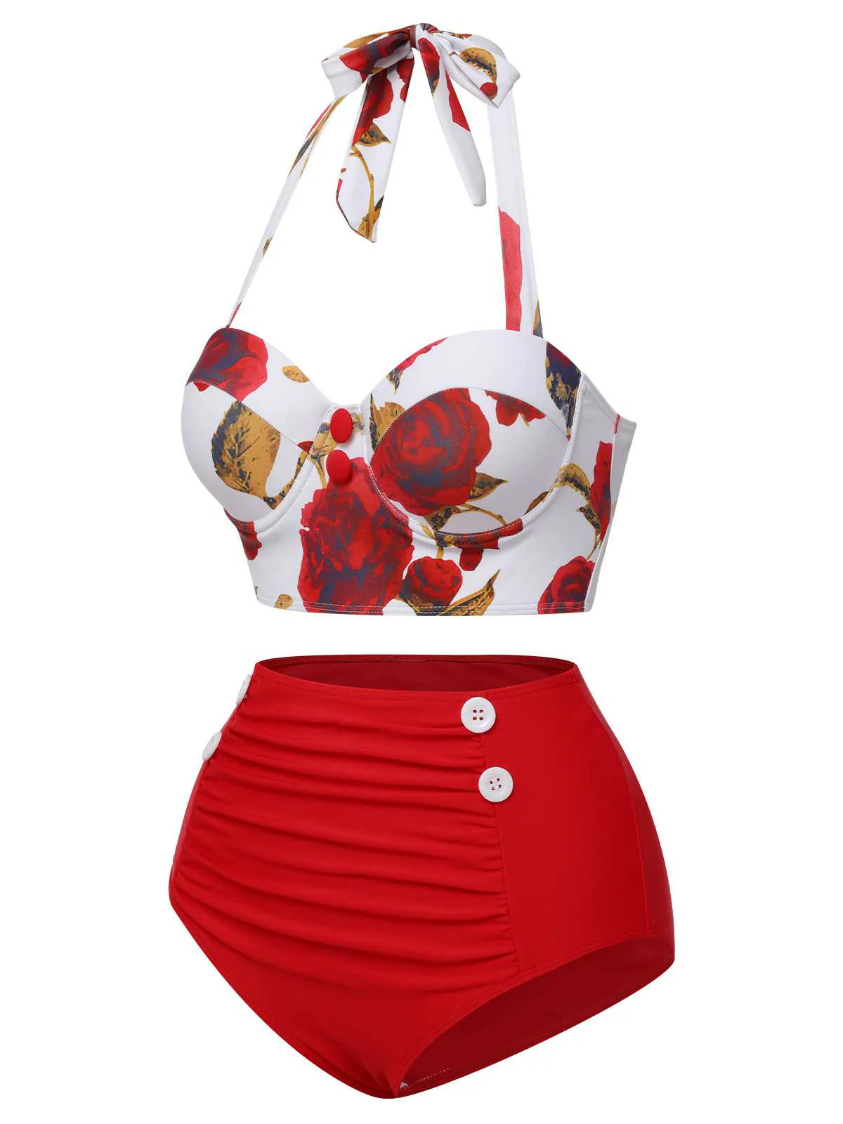 Red 1960s Halter Roses Swimsuit - Image 3