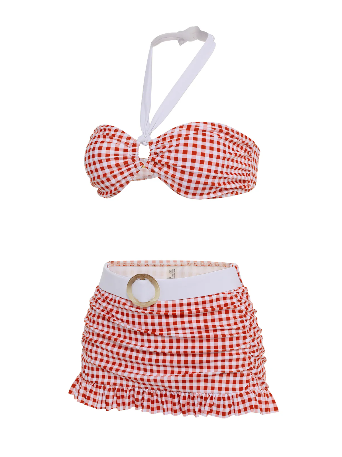 Retro Red 1940s Plaid Halter Bikini Set - Image 3