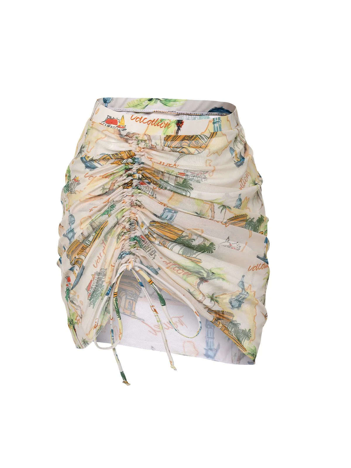 Yellow 1970s Retro Architectural Pattern Drawstring Cover-Up - Image 3