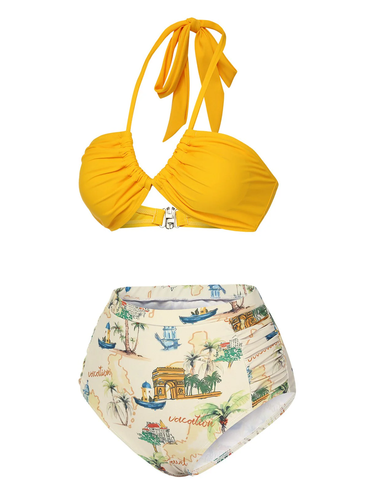 Yellow 1970s Retro Architectural Pattern Halter Swimsuit - Image 3