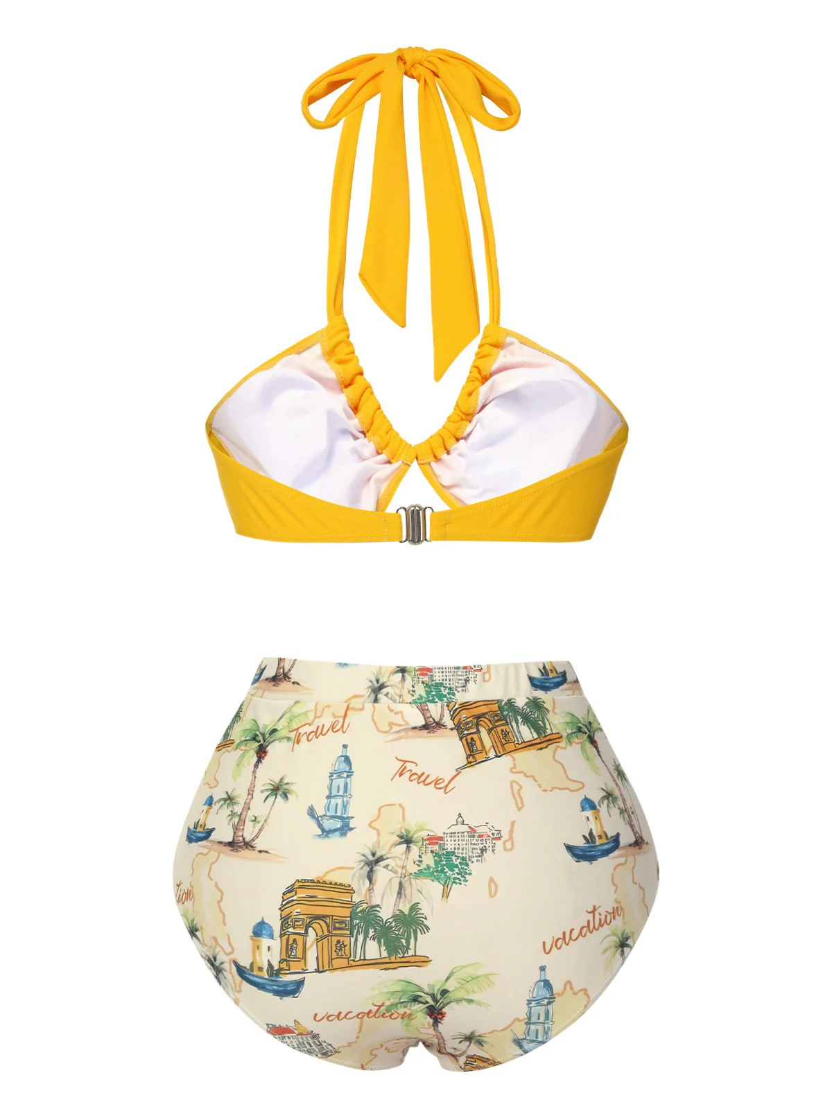 Yellow 1970s Retro Architectural Pattern Halter Swimsuit - Image 4