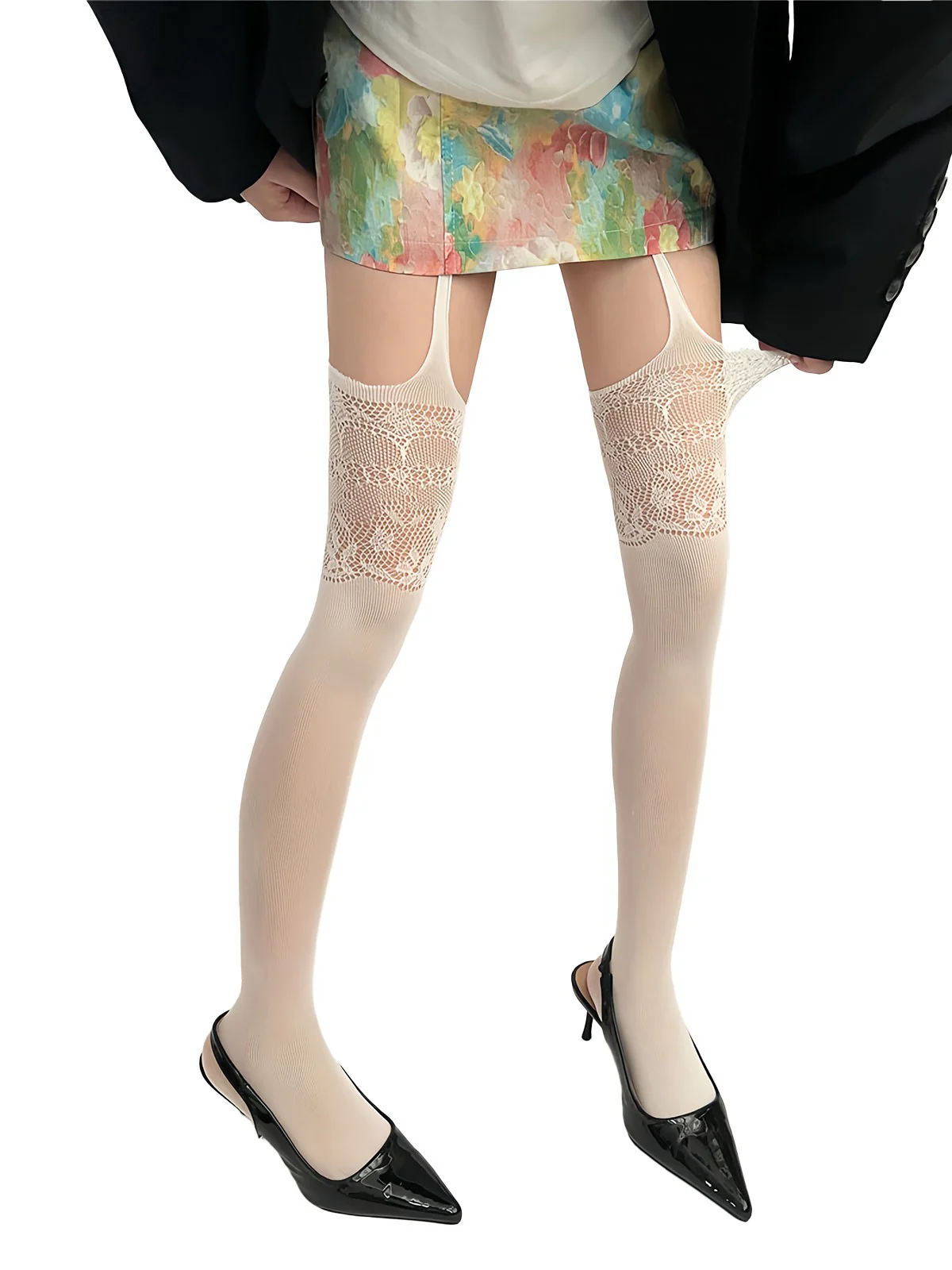 Vintage Lace Solid Suspender Pantyhose - Image 6