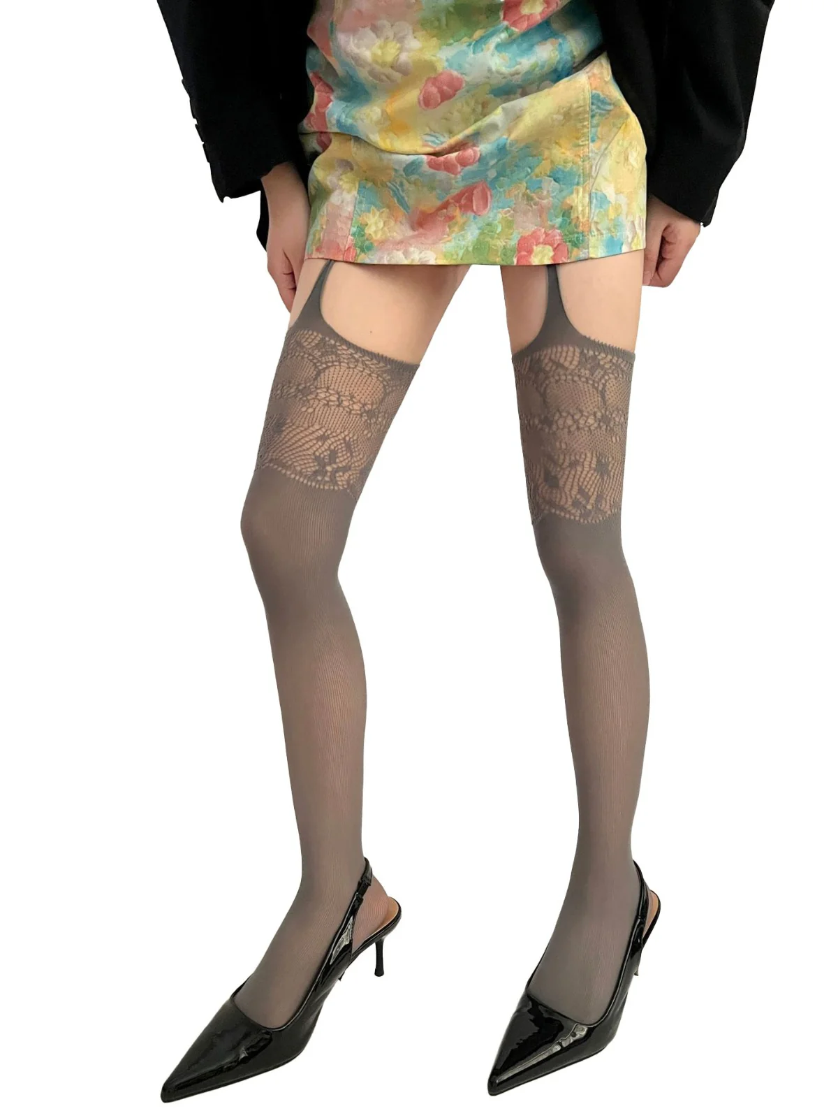 Vintage Lace Solid Suspender Pantyhose - Image 9