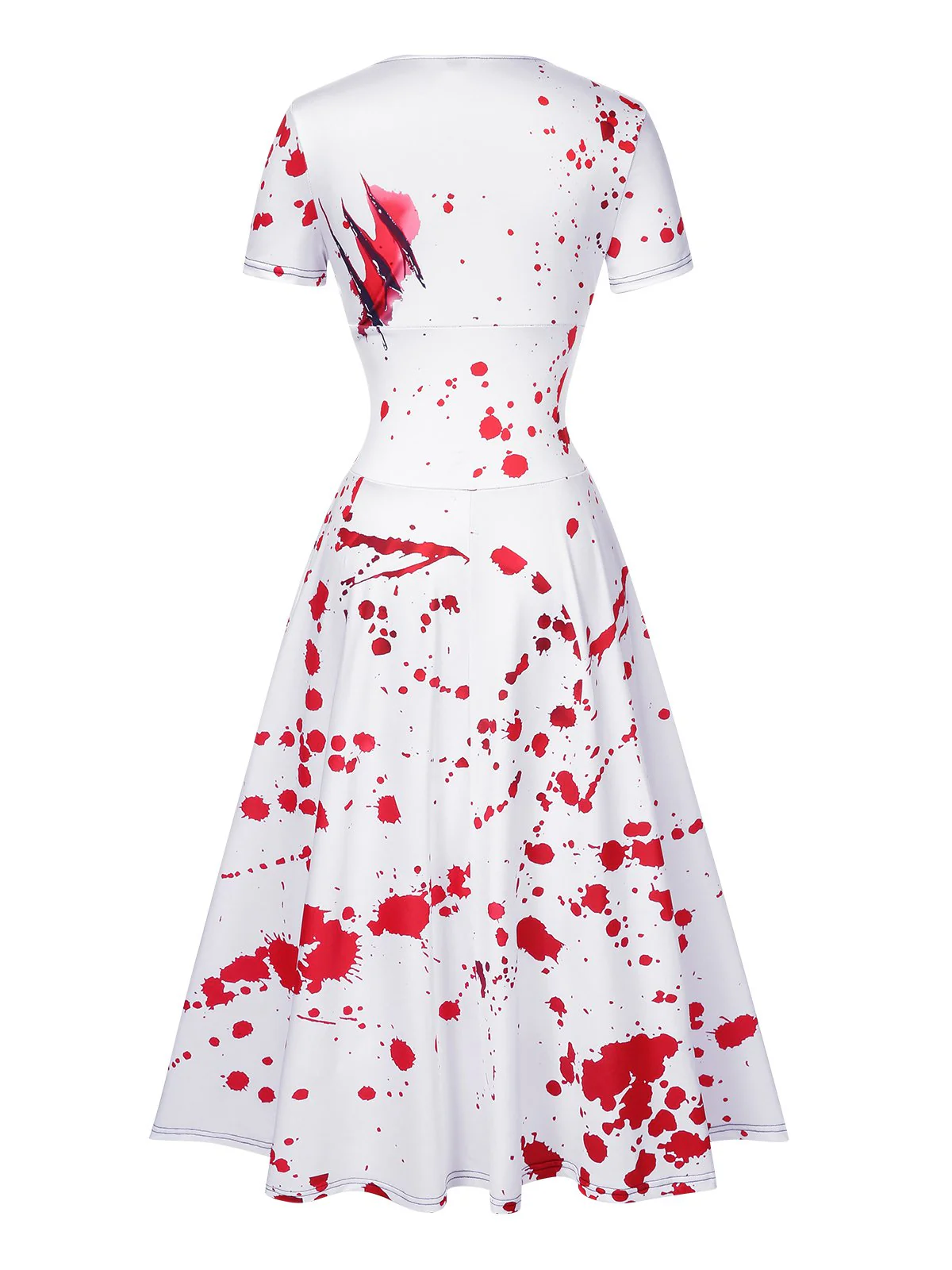 White 1940s Halloween Bloodstains V-Neck Dress - Image 3