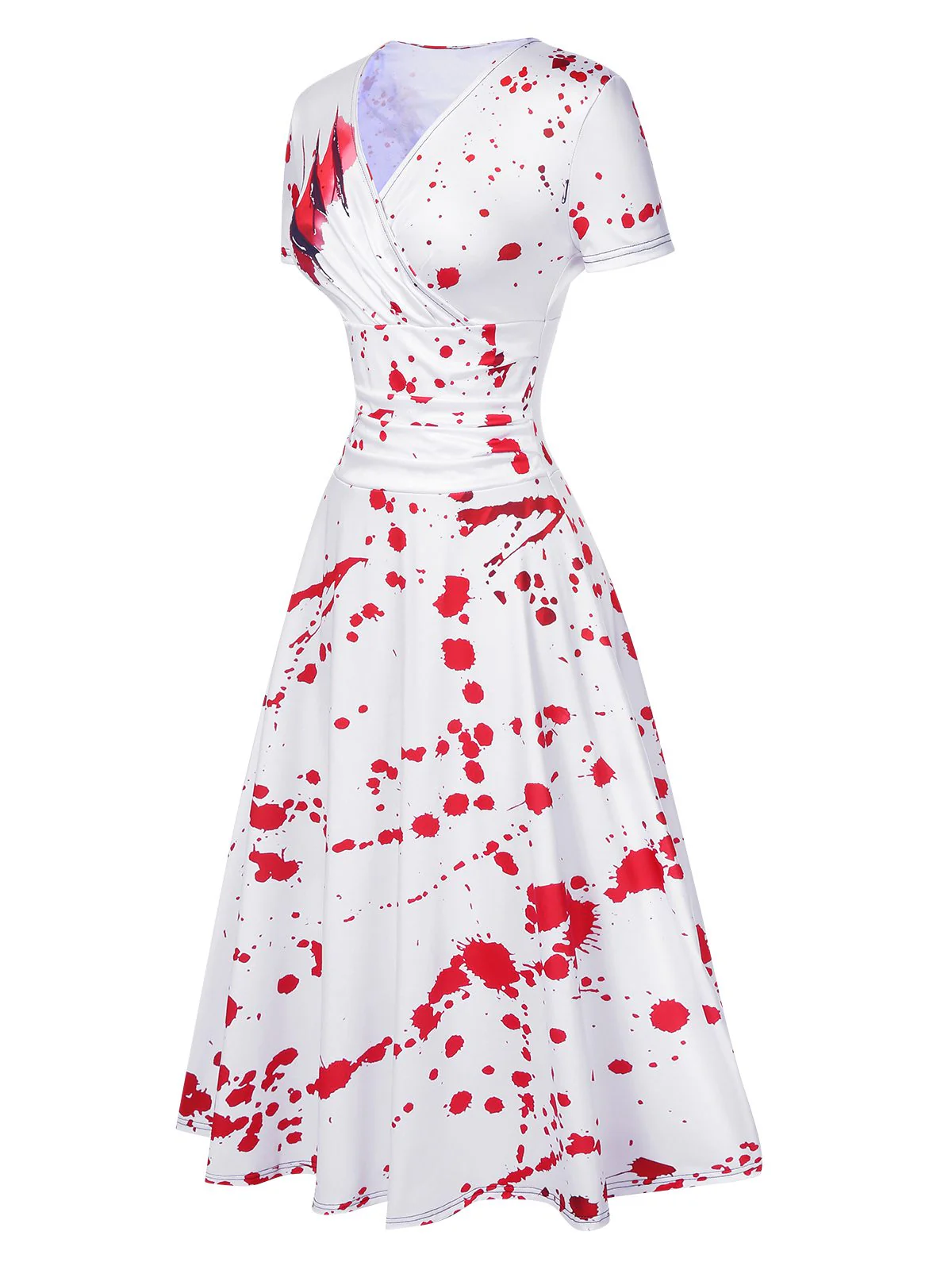 White 1940s Halloween Bloodstains V-Neck Dress - Image 4
