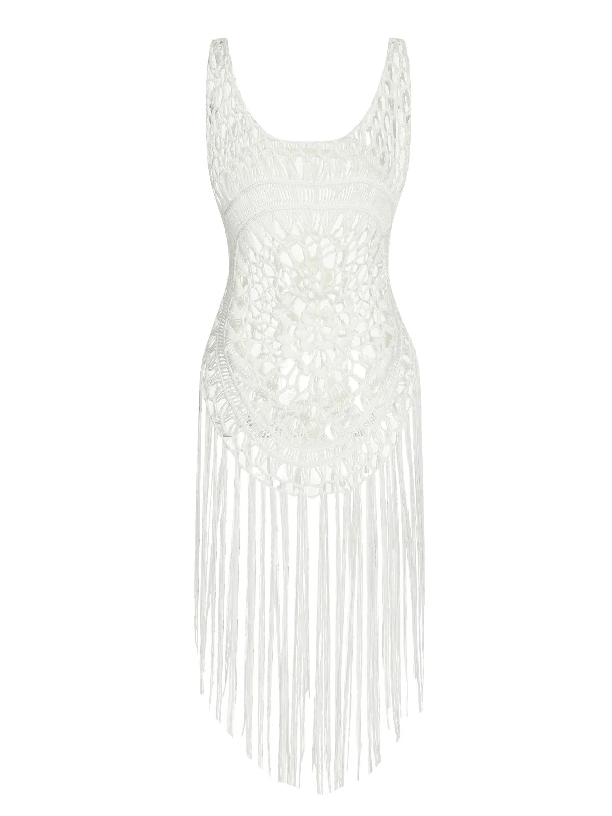White 1950s Knitted Tassel Hollow Cover-Up - Image 3