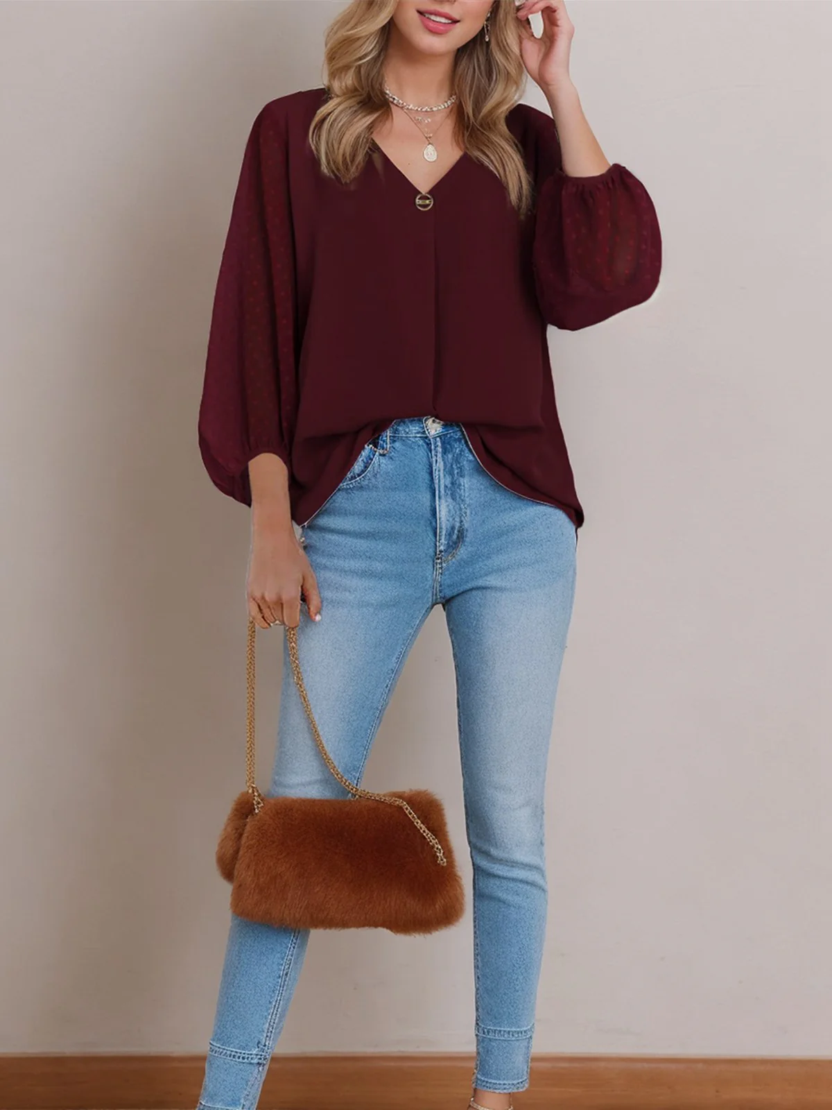 Wine Red 1940s Solid V-Neck Sheer Sleeve Top - Image 3