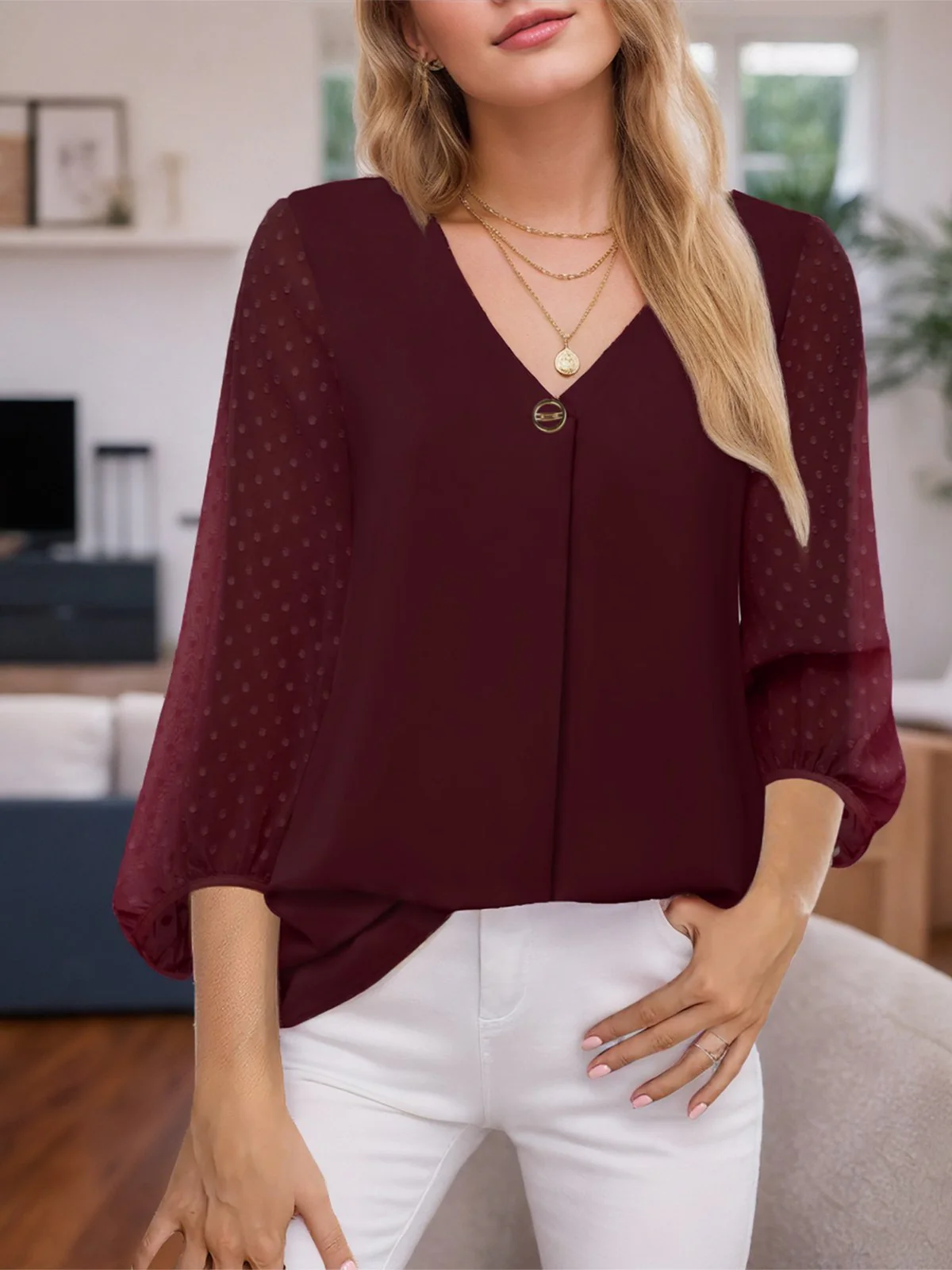 Wine Red 1940s Solid V-Neck Sheer Sleeve Top - Image 5