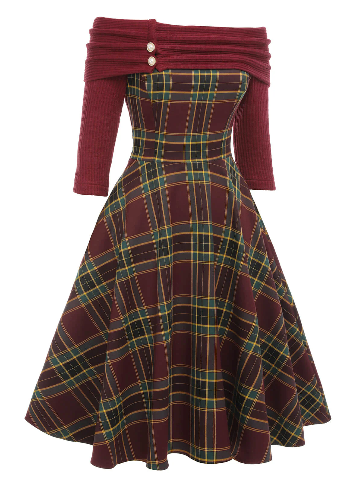 Wine Red 1950s Plaids Off-Shoulder Dress - Image 3