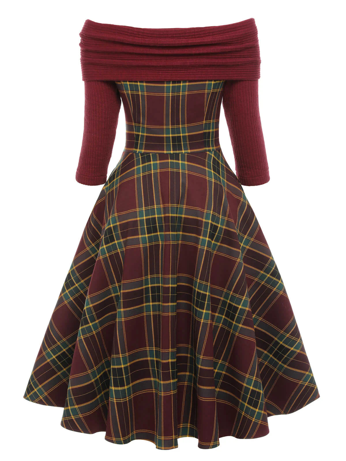 Wine Red 1950s Plaids Off-Shoulder Dress - Image 4