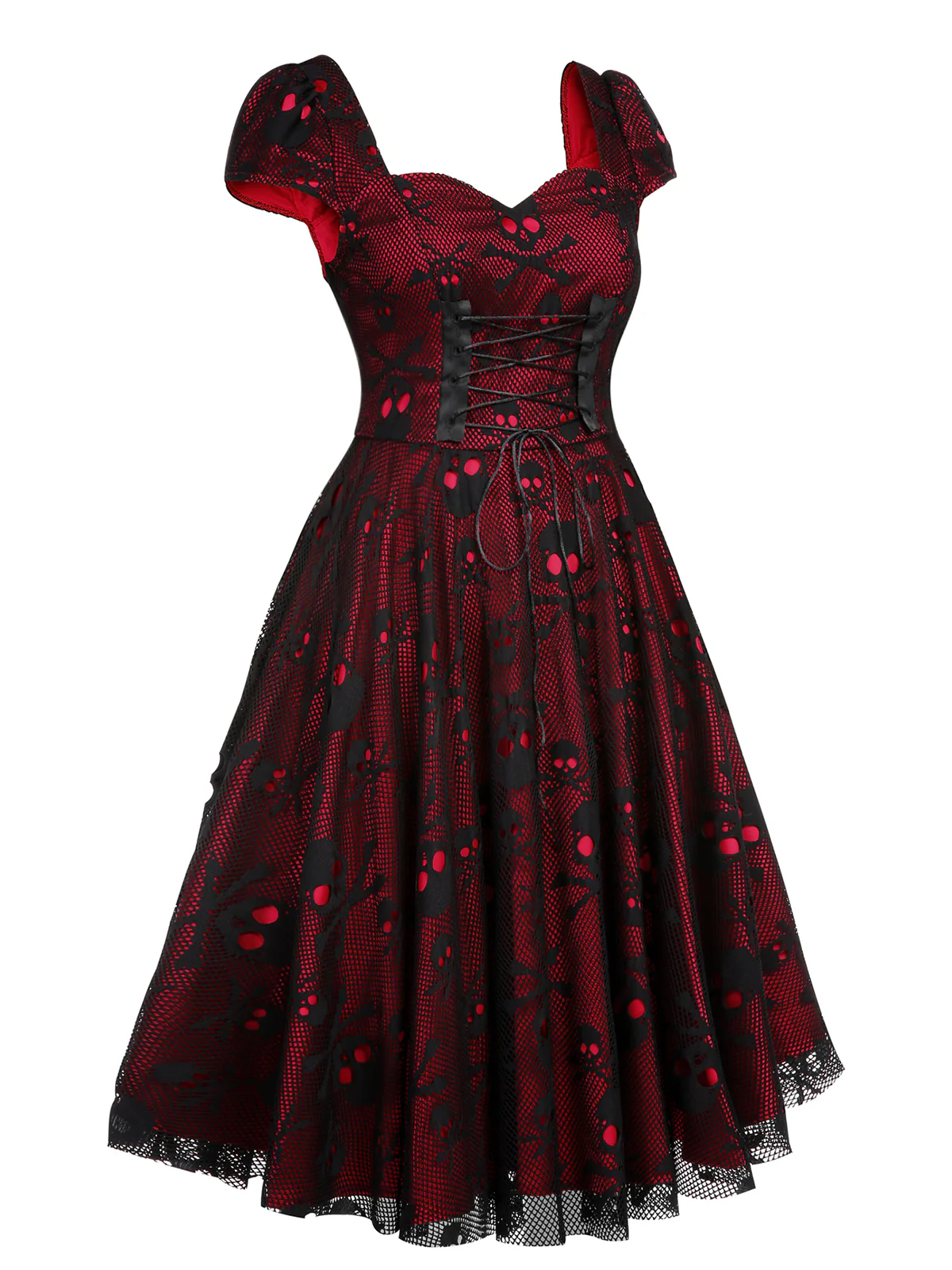 Wine Red 1950s Skull Mesh Swing Dress - Image 4
