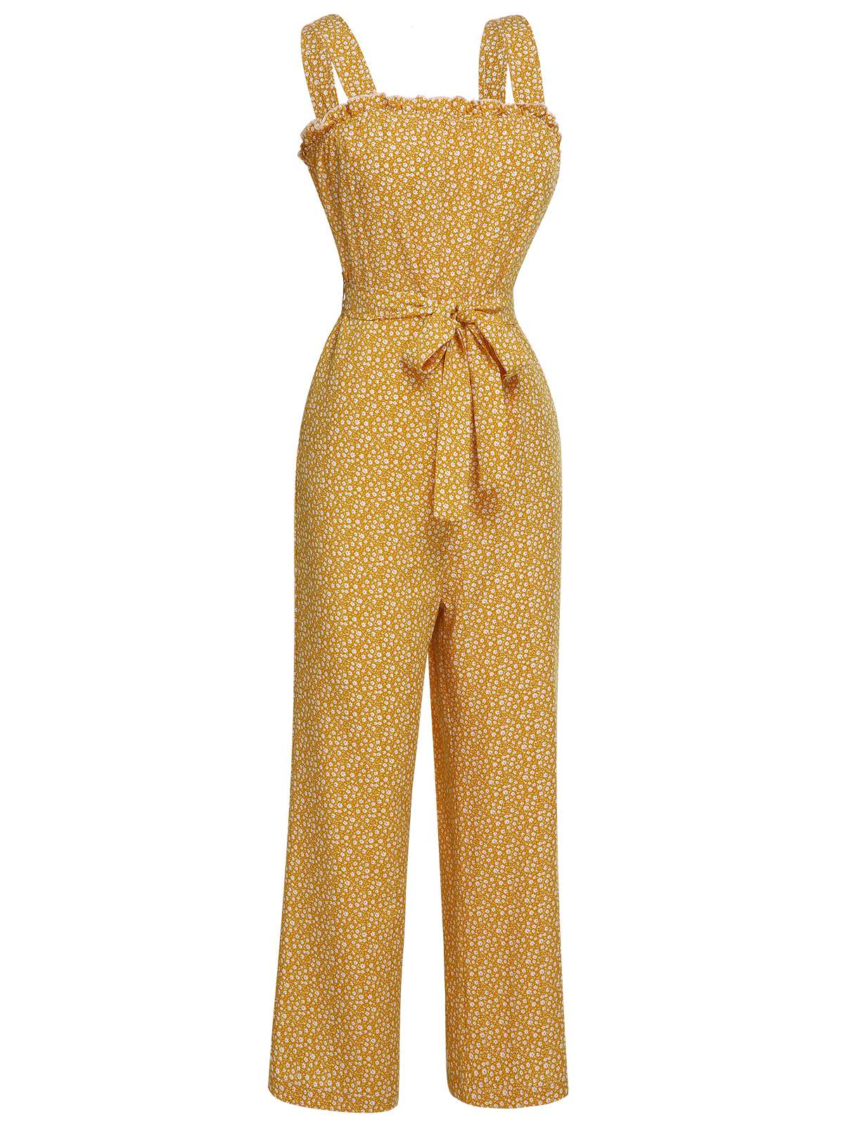 Yellow 1930s Floral Ruffles Tie Jumpsuit - Image 3