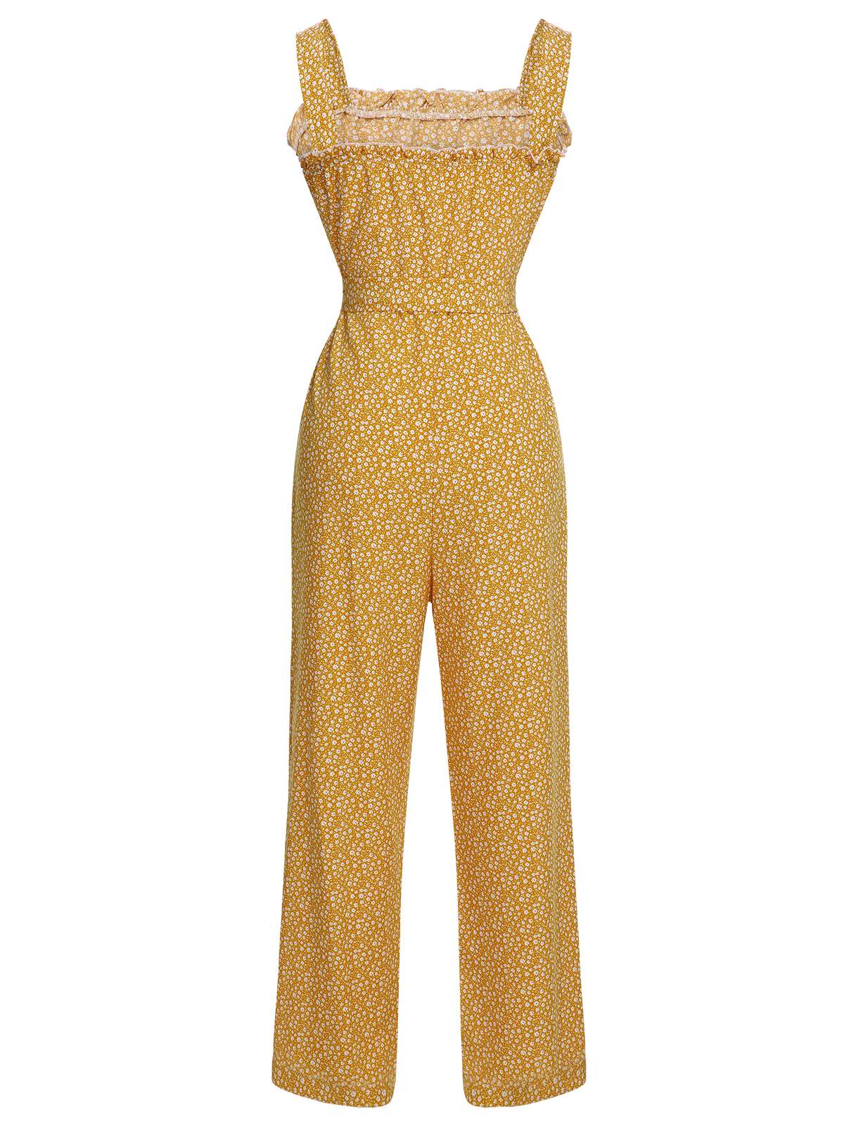 Yellow 1930s Floral Ruffles Tie Jumpsuit - Image 4