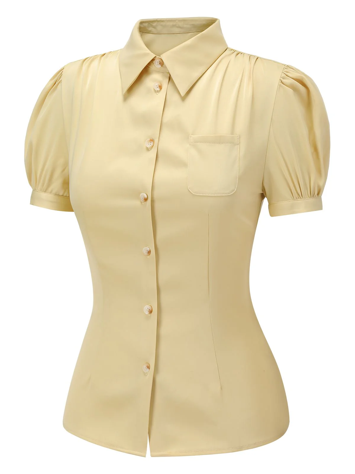 Yellow 1940s Lapel Puff Sleeve Solid Blouse - Image 3
