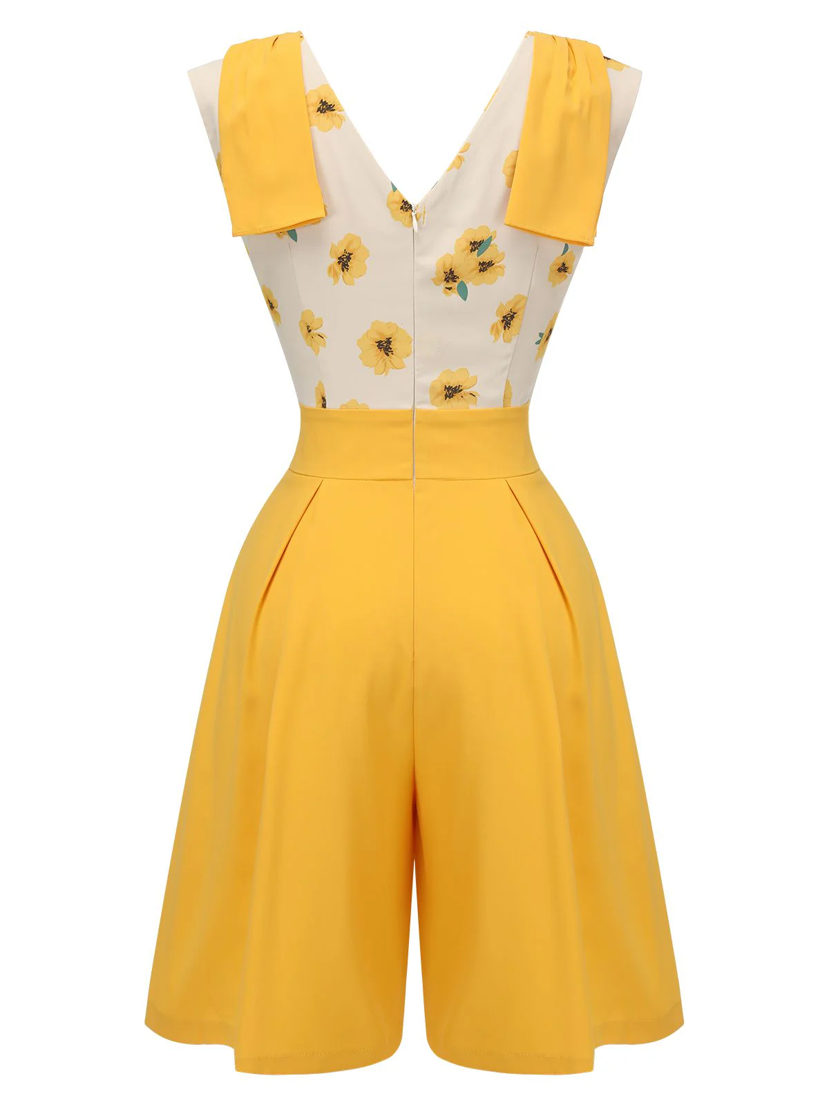 Yellow 1940s V-Neck Sunflower Patchwork Jumpsuit - Image 3