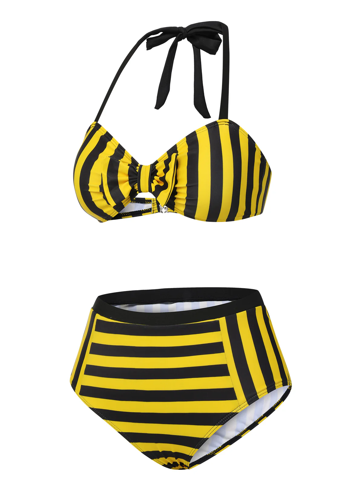 Yellow & Black 1970s Striped Bow Halter Swimsuit - Image 3